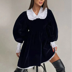 Velvet mini dress with contrast collar and puff sleeves - Y2k Empire