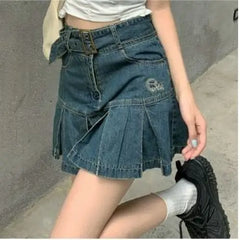 Vintage high waist pleated denim skirt for y2k enthusiasts - Y2k Empire