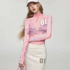 Vintage pink lace top with sporty stripes - Y2k Empire