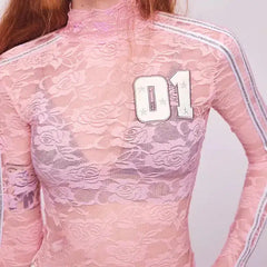 Vintage pink lace top with sporty stripes - Y2k Empire