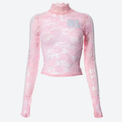 Vintage pink lace top with sporty stripes - Y2k Empire