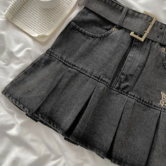 Washed denim pleated mini skirt - Y2k Empire