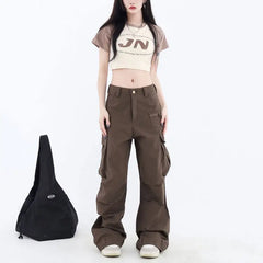 Wide fit cargo pocket brown pants - Y2k Empire