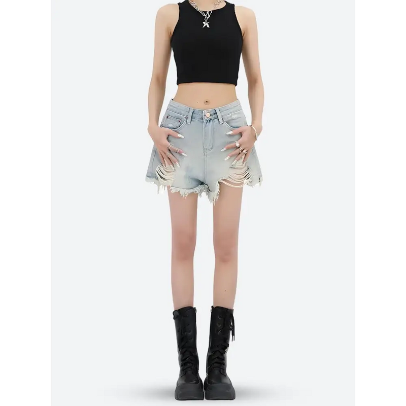 Wide-leg distressed denim shorts - Y2k Empire