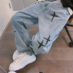 Y2k cross print baggy jeans - Y2k Empire