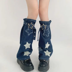 Y2k denim leg warmers with star buckle closure - Y2k Empire