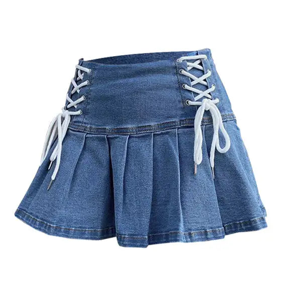 Y2k denim mini skirt with pleated design & lace-up details - Y2k Empire