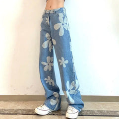 Y2k floral wide-leg jeans for women - Y2k Empire