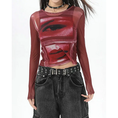 Y2k lip and eye print mesh top - Y2k Empire