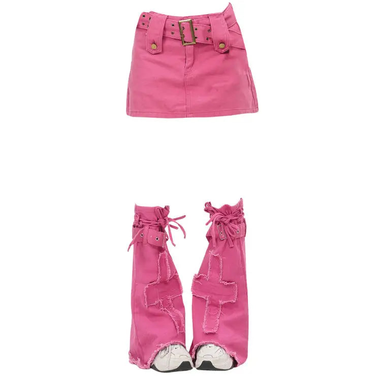 Y2k pink denim mini skirt & leg warmers set - Y2k Empire