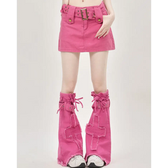 Y2k pink denim mini skirt & leg warmers set - Y2k Empire