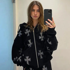 Y2k rhinestone cross hoodie - Y2k Empire