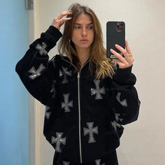 Y2k rhinestone cross hoodie - Y2k Empire