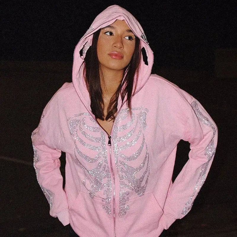 Y2k rhinestone pink hoodie - Y2k Empire