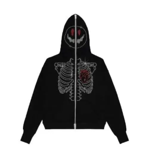 Y2k rhinestone skeleton zip hoodie - Y2k Empire