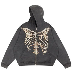 Y2k skeleton zip-up hoodie in dark black - Y2k Empire